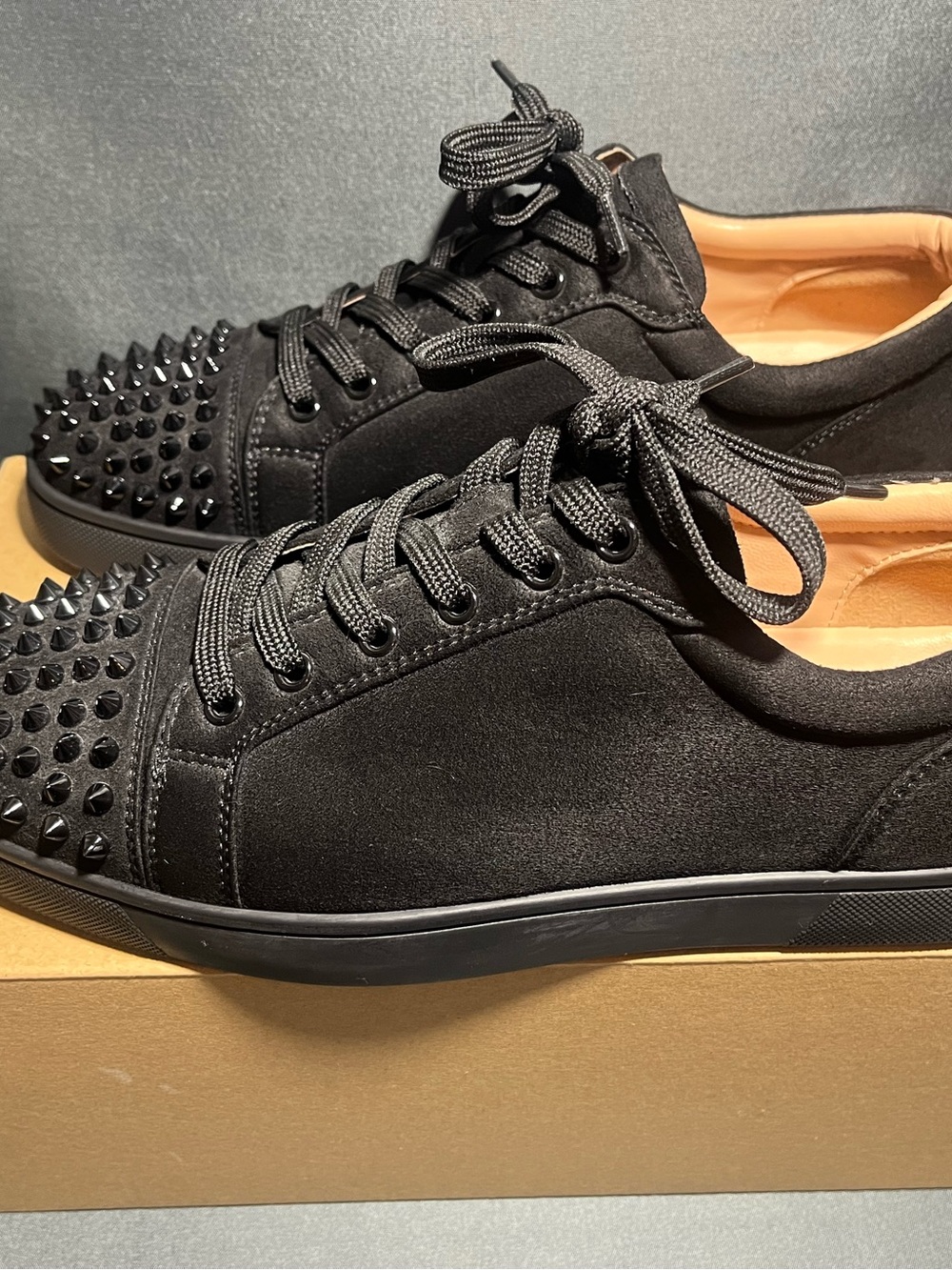 Men's Red Bottom Black Spiked Suede Lace-Up Sneakers
